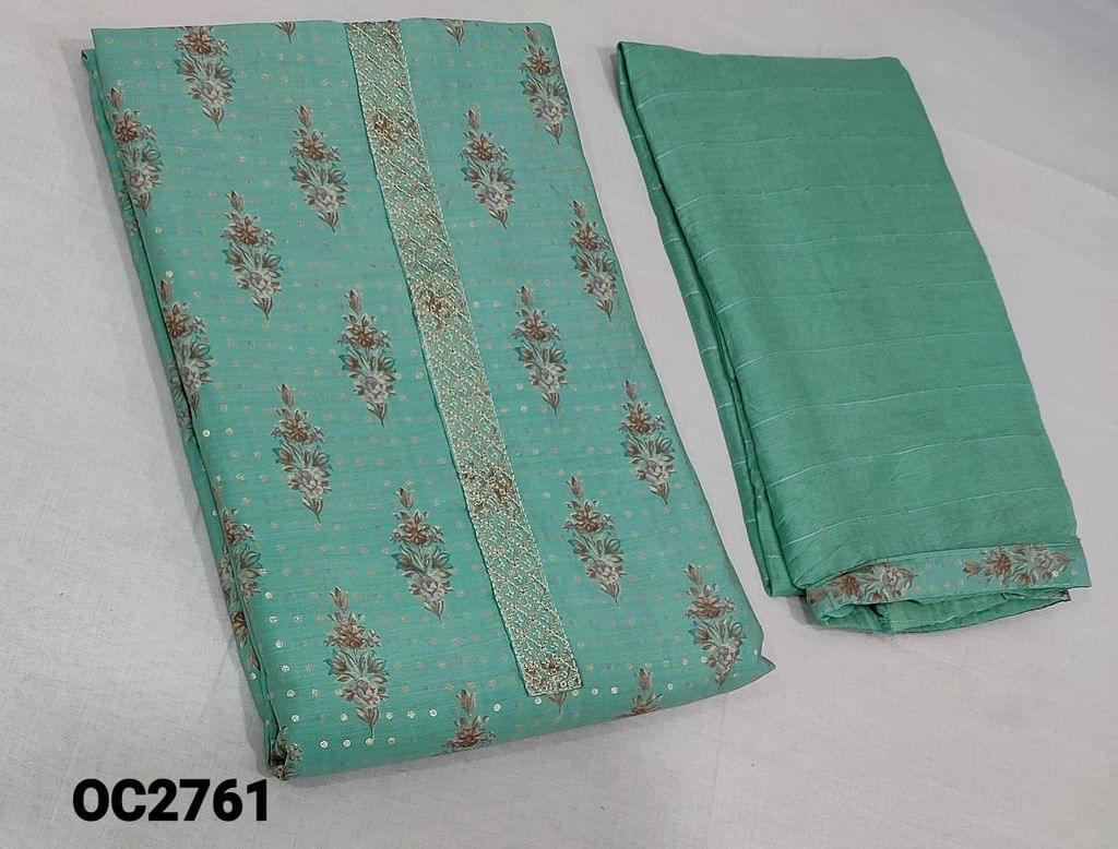 CODE OC2761: Premium Printed Pastel Blue Viscous Silk Unstitched Salwar material(requires lining) with thread and sequence work on yoke, matching cotton lining provided, NO BOTTOM, thread and sequence work on silk cotton dupatta with tapings.