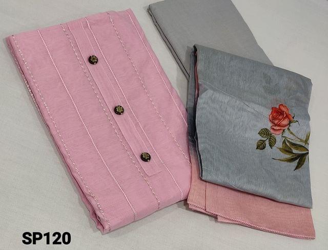 CODE SP120: Baby Pink Silk Cotton unstitched Salwar materials(requires lining) with thread and sequence work on frontside,  buttons on yoke, grey cotton bottom, digital floral printed silk cotton dupatta