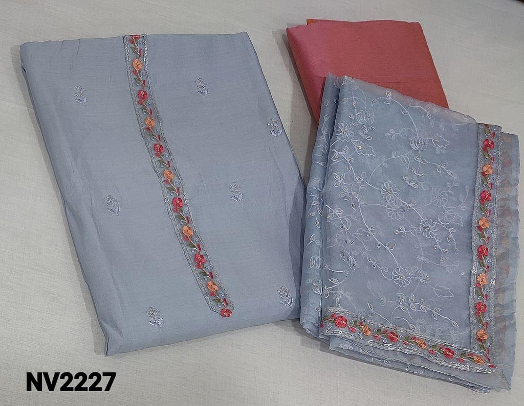CODE NV2227 : Designer Blueish Grey Fancy Silk Cotton unstitched Salwar material(requires lining) with embroidery work on yoke, thread and sequence work on frontside, pink silk cotton bottom, heavy embroidery work on organza dupatta with tapings.