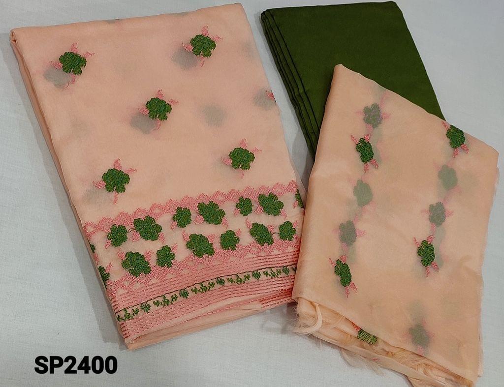 CODE SP2400: Peach Organza unstitched salwar material(thin fabric lining included) with cross stitch embroidery work with daman, Dark Mossy Green silk cotton bottom, organza dupatta with cross stitch embroidery