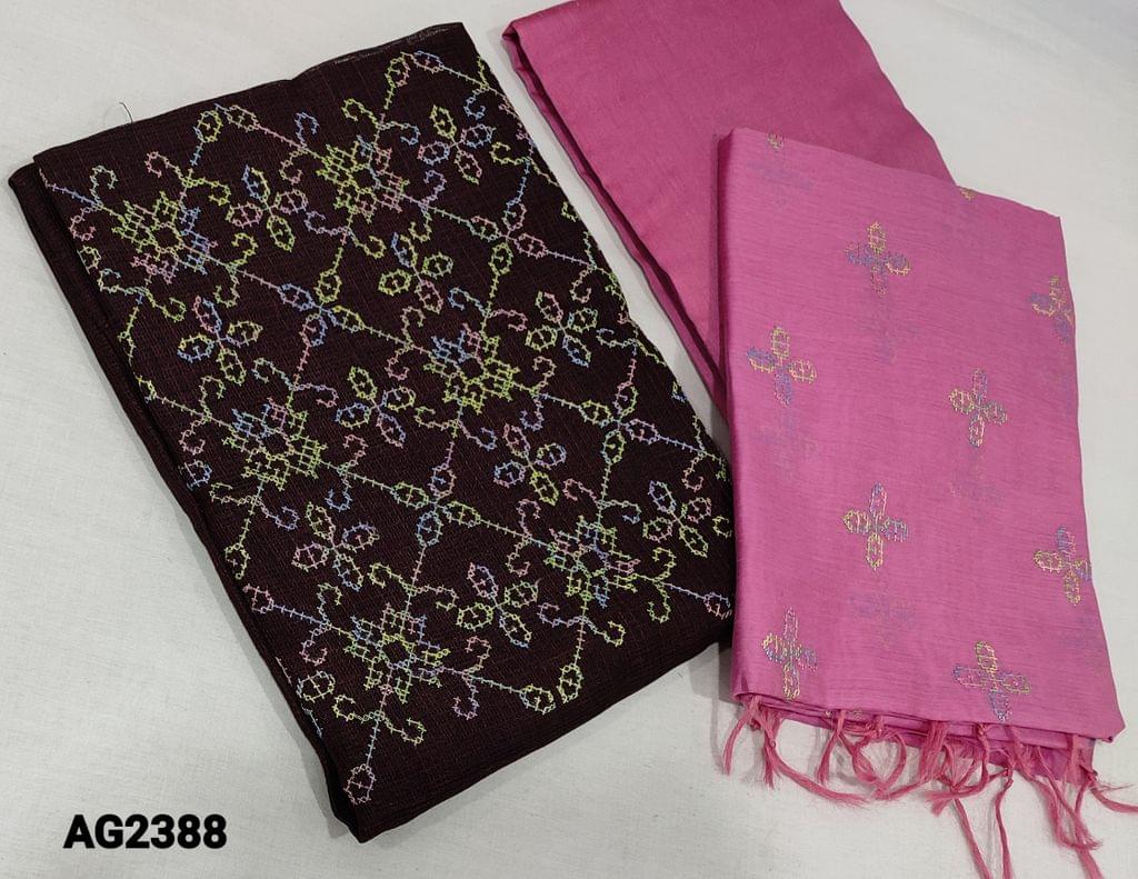 CODE AG2388: Dark Beetroot Purple Fancy Silk Cotton unstitched Salwar materials(slightly course fabric, requires lining) with cross stitch embroidery work on yoke, pink silk cotton bottom, cross stitch Embroidery work on fancy silk cotton dupatta with tassels.