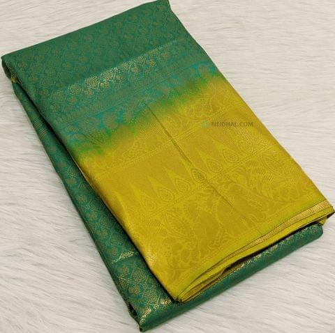 CODE WS339 : Dark turquoise green soft brocade saree with gold zari weaving pattern all-over,contrasty mehandi yellow border, rich zari woven pallu and running soft brocade blouse with borders