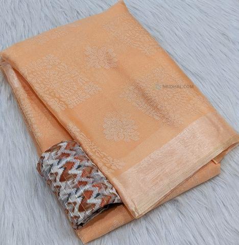 CODE WS334 : Peach block printed fancy shimmer organza light weight thin saree with borders, block printed pallu and digital printed silk cotton blouse with sequence work