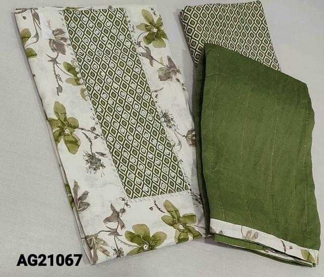 CODE AG21067: Printed Half White Viscous Silk unstitched salwar material (requires lining) with foil work on yoke, printed modal bottom, thread and sequence work on green silk cotton dupatta with tapings.