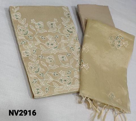 CODE NV29161: Premium Beige Kota Silk Cotton  unstitched Salwar materials(Netted fabric, requires lining) with embroidery work on yoke, matching cotton bottom, embroidery work on fancy organza dupatta with tassels