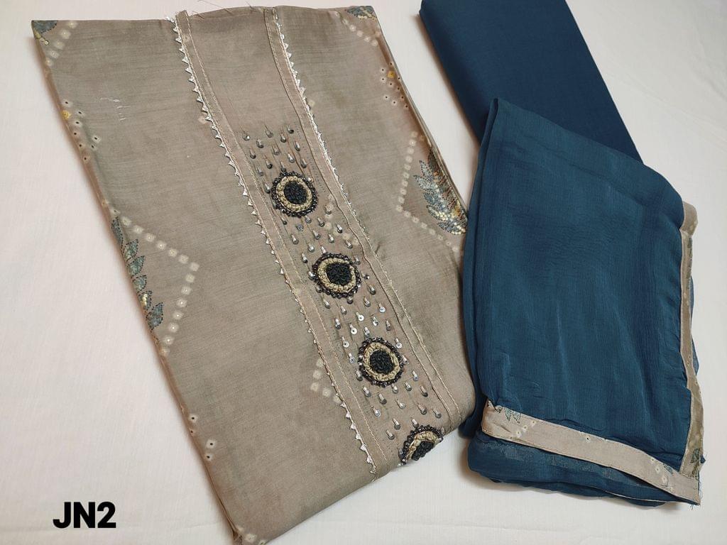 CODE JN2 : Premium Printed Grey Viscous Silk Cotton unstitched Salwar material(thin fabric requires lining) with Fancy bead and thread work on yoke, Blue Cotton bottom, chiffon dupatta with taping