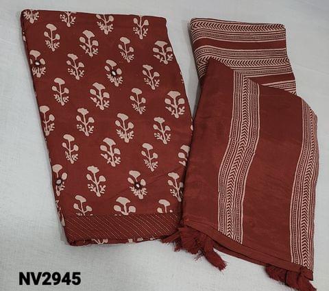 CODE NV2945: Premium Block Printed Maroon Pure Modal Silk Unstitched Salwar material(flowy fabric, requires lining) with real mirror work on frontside, printed modal bottom, Printed modal silk dupatta with tassels
