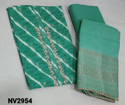 CODE NV2954: Premium Shibori Dyed Turquoise Green  Viscous Silk Unstitched Salwar material(lining included) with gota patch, zari and zardozi work on yoke, matching cotton lining provided, NO BOTTOM, soft silk cotton dupatta with zari borders and gota lace tapings.