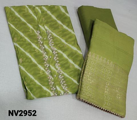 CODE NV2952: Premium Shibori Dyed Mossy Green Viscous Silk Unstitched Salwar material(lining included) with gota patch, zari and zardozi work on yoke, matching cotton lining provided, NO BOTTOM, soft silk cotton dupatta with zari borders and gota lace tapings.