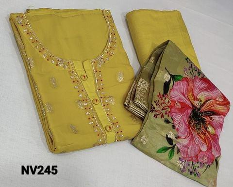 CODE NV245: Designer Mehandhi Yellow pure Organza unstitched Salwar material(requires lining) with zari weaving buttas on frontside, gota lace and thread work on yoke, round neck, zari weaving design on daman, matching santoon bottom, Digital floral printed and zari weaving buttas on organza dupatta with brocade borders.  (can fit up to XL size)