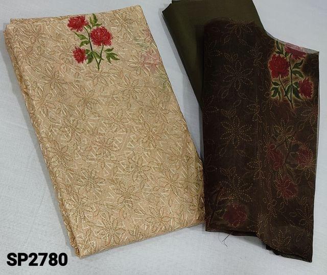 CODE SP2780 :  Premium Beige Silk Cotton Unstitched Salwar material(lining required)  with embroidery work, floral print on frontside, olive green cotton bottom, floral printed organza dupatta with taping.