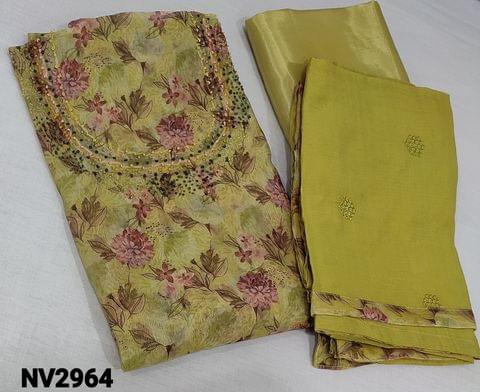 CODE NV2964 : Premium Floral printed Mehandhi Yellow fancy Organza Unstitched Salwar material(thin fabric, lining included) with french knot and sugar bead work on yoke, matching thin silky lining and bottom provided, thread and sequence work on soft silk cotton dupatta with tapings.