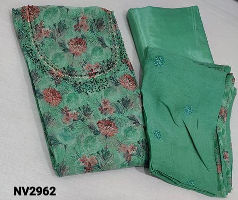 CODE NV2962 : Premium Floral printed Turquoise Green fancy Organza Unstitched Salwar material(thin fabric, lining included) with french knot and sugar bead work on yoke, matching thin silky lining and bottom provided, thread and sequence work on soft silk cotton dupatta with tapings.