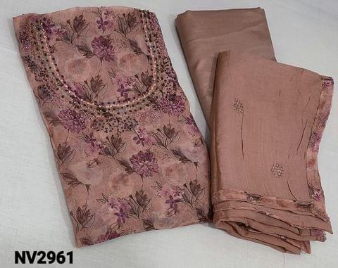 CODE NV2961 : Premium Floral printed Pastel pink fancy Organza Unstitched Salwar material(thin fabric, lining included) with french knot and sugar bead work on yoke, matching thin silky lining and bottom provided, thread and sequence work on soft silk cotton dupatta with tapings.