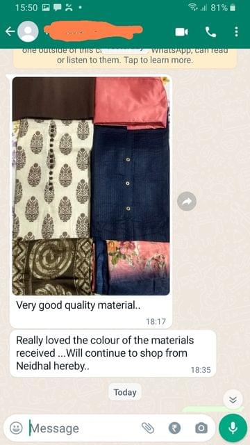Very Good quality material,,, Really loved the color of the materials received...Will continue to shop from neidhal here by-Reviewed on 29th  NOV 2022