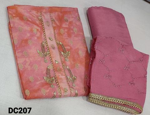 CODE DC207: Designer Pink and golden tint Tissue Silk Cotton Unstitched salwar material (requires lining) with zardozi, sequence work on yoke, zari woven buttas on frontside, matching santoon bottom, thread and sequence work on chiffon dupatta with gota lace tapings.