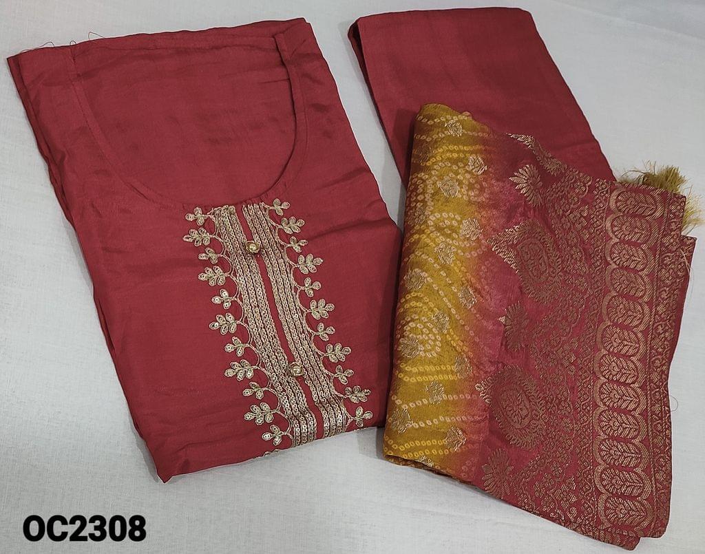 CODE OC2308: Designer Pink pure Dola Silk  unstitched Salwar material(requires lining) with zari, sequence and buttons on yoke, matching Santoon bottom, Daul Shaded bhandani printed and zari weaving buttas on pure dola silk dupatta and brocade borders.