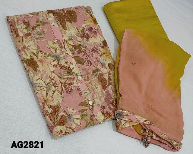CODE AG2821:Printed Onion Pink Modal Fabric unstitched Salwar material(silky fabric,lining optional) with thread and sequence work on frontside, fancy buttons on yoke, mehandhi yellow silk cotton bottom, multicolor chiffon dupatta with tapings.