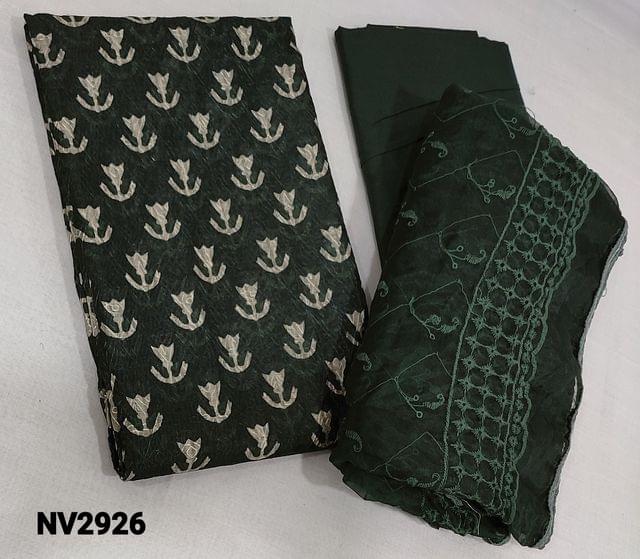 CODE NV2926 : Digital Printed Dark Green Silk Cotton unstitched Salwar material(requires lining) with embroidery work on frontside, matching cotton bottom, embroidery work on organza dupatta with lace tapings.