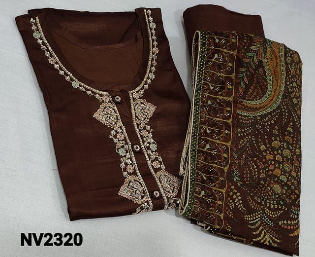 CODE NV2320 : Designer dark Brown Premium Gaji Silk semi stitched Salwar material(smooth and silky fabric, requires lining) with zari embroidery, sequence and buttons on yoke, 3/4 sleeves, matching santoon bottom, Digital printed and mukaish stone work on velvette dupatta  (can fit up to XL size)