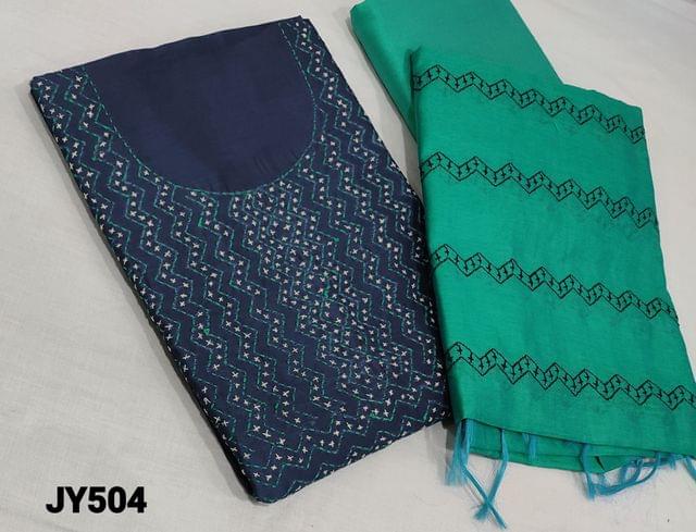 CODE JY504: Printed Blue fancy Silk Cotton unstitched salwar material(lining required) with kantha stitch work on yoke, green cotton or silk cotton bottom, embroidery work on silk cotton dupatta and tassels.