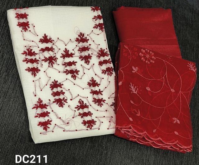 CODE DC211 : Premium White Kota Silk Cotton unstitched salwar material(requires lining) with thread embroidery and french knot work on yoke, reddish maroon silky bottom, embroidery and sequence work on organza dupatta with cut work edges.