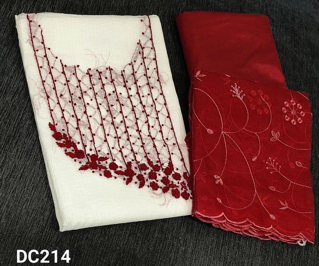 CODE DC214 : Premium White Kota Silk Cotton unstitched salwar material(requires lining) with thread embroidery and french knot work on yoke, reddish maroon silky bottom, embroidery and sequence work on organza dupatta with cut work edges.