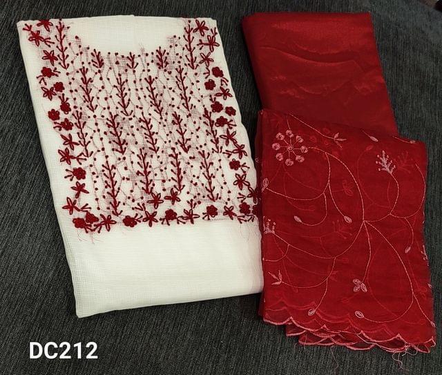 CODE DC212 : Premium White Kota Silk Cotton unstitched salwar material(requires lining) with thread embroidery and french knot work on yoke, reddish maroon silky bottom, embroidery and sequence work on organza dupatta with cut work edges.