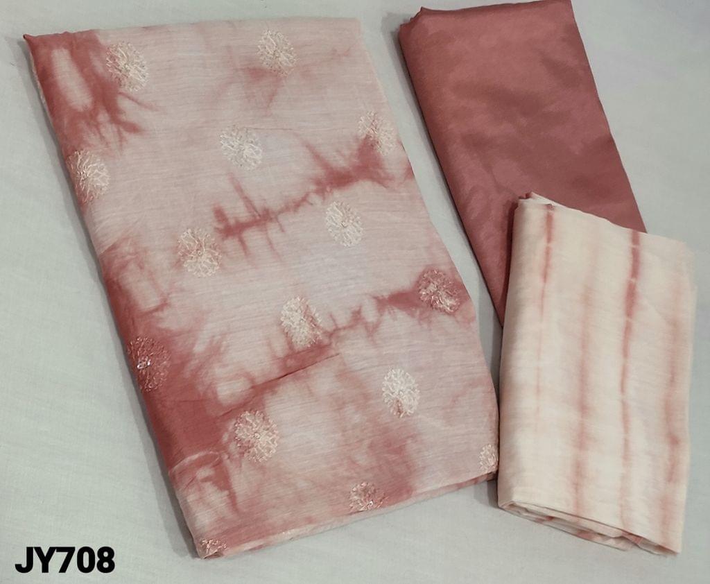 CODE JY708: Shibori dyed onion Pink Silk Cotton unstitched Salwar material( lining needed) with thread work on frontside, onion pink thin silky bottom, shibori dyed fancy silk cotton dupatta(requires tapings)