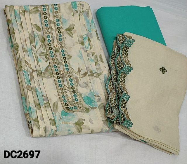 CODE DC2697: Light Beige Floral Printed Viscous Silk unstitched Salwar material(lining optional) with pintuck design on panel , thread and sequence work on yoke, light turquoise blue cotton bottom, thread and sequence work on silk cotton dupatta with cut work edges