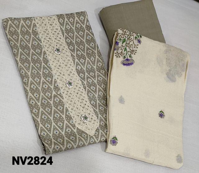 CODE NV2824: Printed Light Grey soft Cotton unstitched salwar material(requires lining) with buttons and lace work on yoke, matching cotton lining provided, NO BOTTOM, embroidery work on kota cotton dupatta with lace tapings.