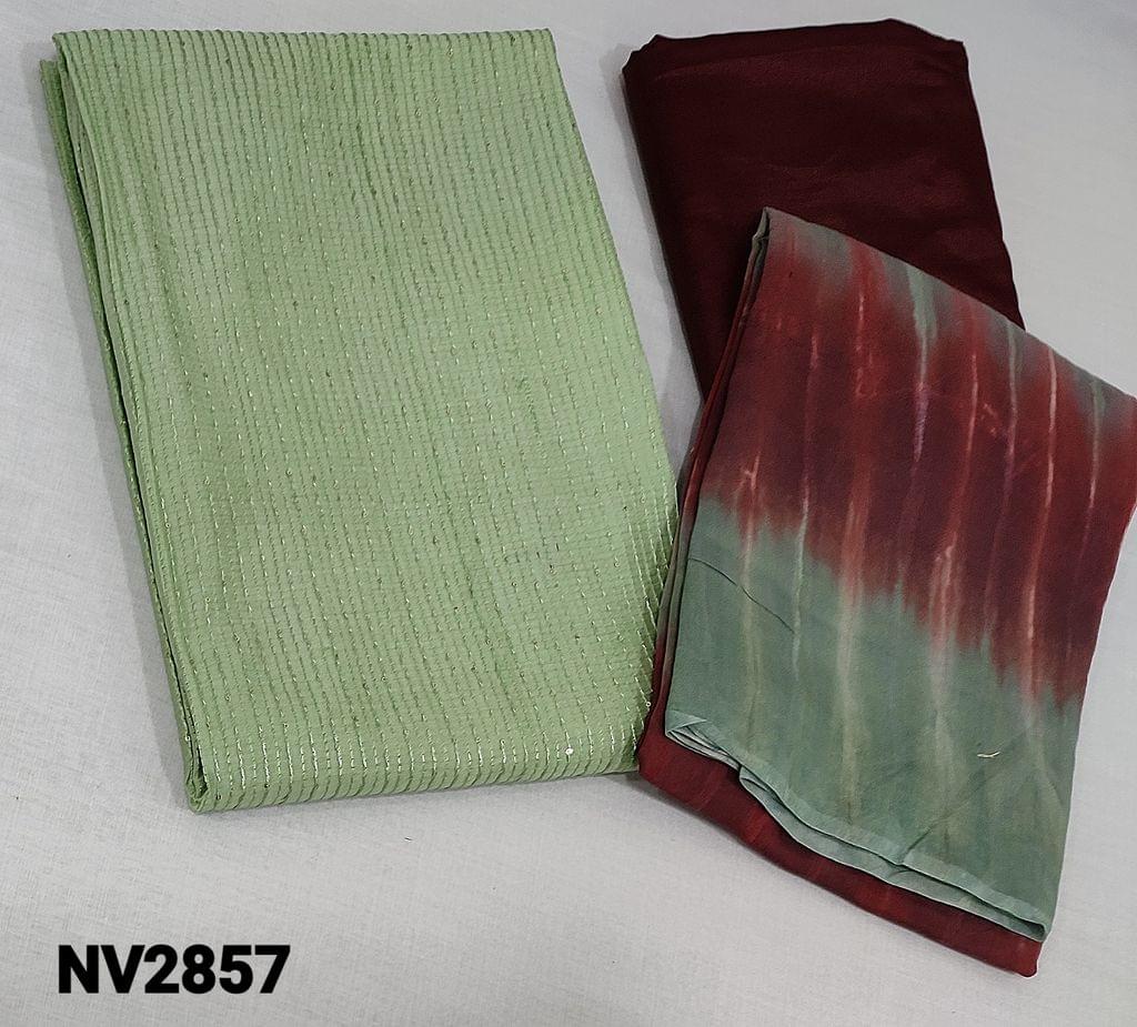 CODE NV2857 : Pastel Green fancy Silk Cotton unstitched Salwar materials(thin fabric requires lining) with thread and sequence work on front side, maroon thin silky bottom, Shibori dyed silk cotton dupatta.