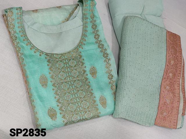 CODE SP2835: Designer Pastel Blue Dual Shaded Dola Silk semi stitched Salwar materials(lining needed) with heavy zari woven embroidery work on frontside, plain back, round neck,3/4 sleeves, matching santoon bottom,  thread and sequence work on georgette dupatta with brocade tapings.(can fit up to XL size)