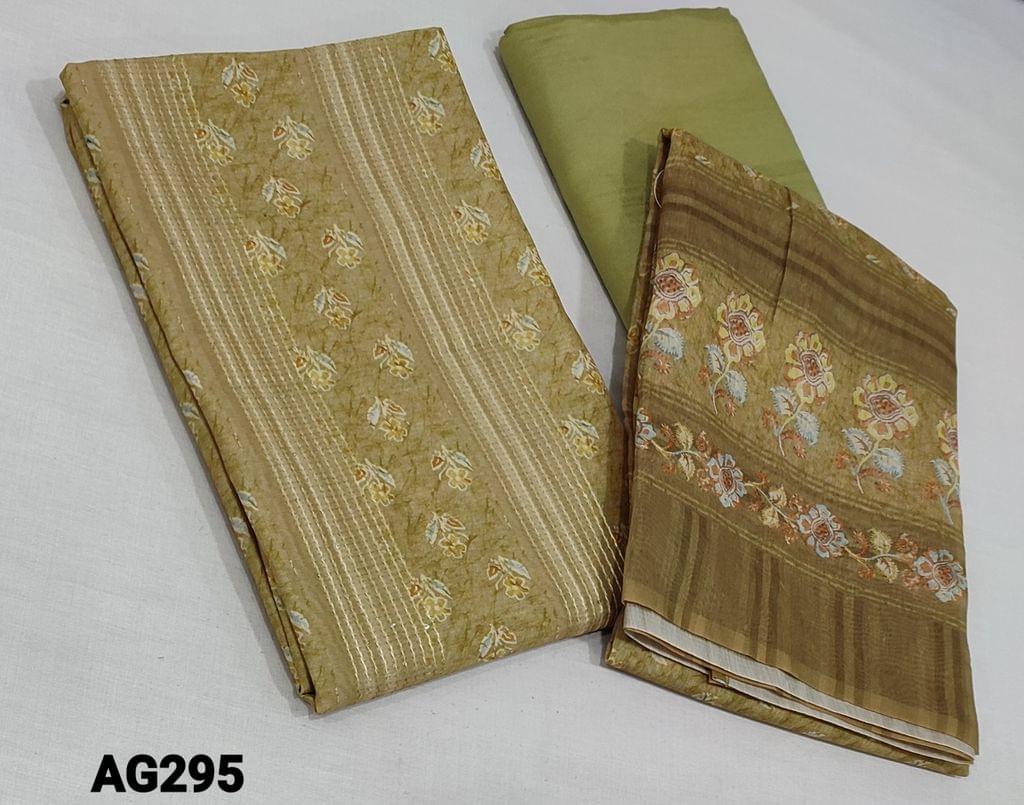 CODE AG295:  Digital Printed Greenish beige Silk Cotton unstitched salwar material (thin fabric requires lining) with thread and sequence work on frontside, matching silky bottom, Digital printed fancy silk cotton dupatta