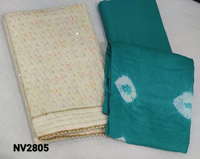 CODE NV2805: Premium Ivory fancy Silk Cotton Unstitched Salwar material(requires lining) with Heavy embroidery and sequence work on frontside, gota lace and bead tapings on daman, turquoise blue cotton bottom, Shibori dyed soft silk cotton dupatta.