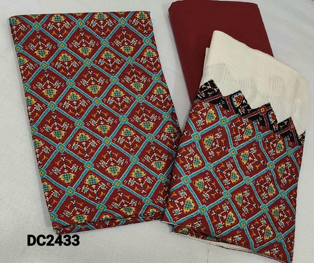 CODE DC2433 : Maroon Patola Printed  Satin Cotton unstitched salwar material (lining optional),drum dyed matching pure,thin and soft cotton fabric provided which can be used as bottom/lining ,applique(patch) work on mul cotton dupatta