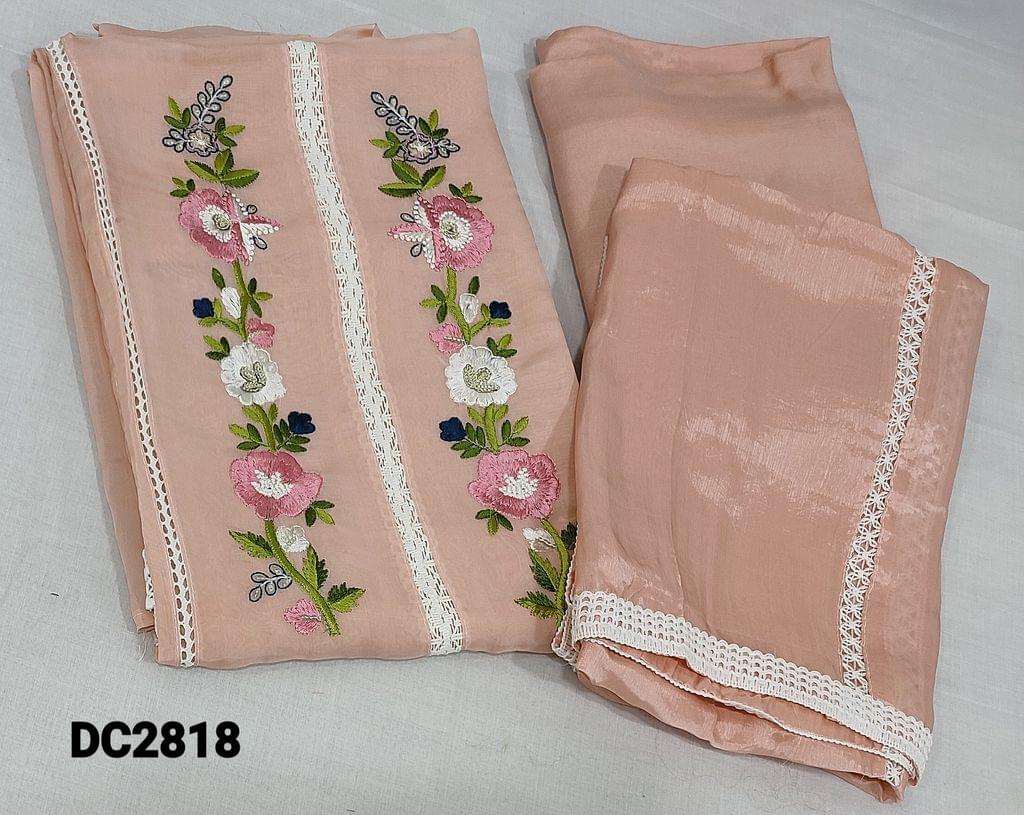 CODE DC2818 : Designer Pastel Peach pure Organza unstitched Salwar material(light weight thin fabric, requires lining) with floral embroidery and sequence work on yoke, crochet lace work on panel design, lace work on daman, matching santoon bottom, lace work on soft silk cotton dupatta with lace tapings.