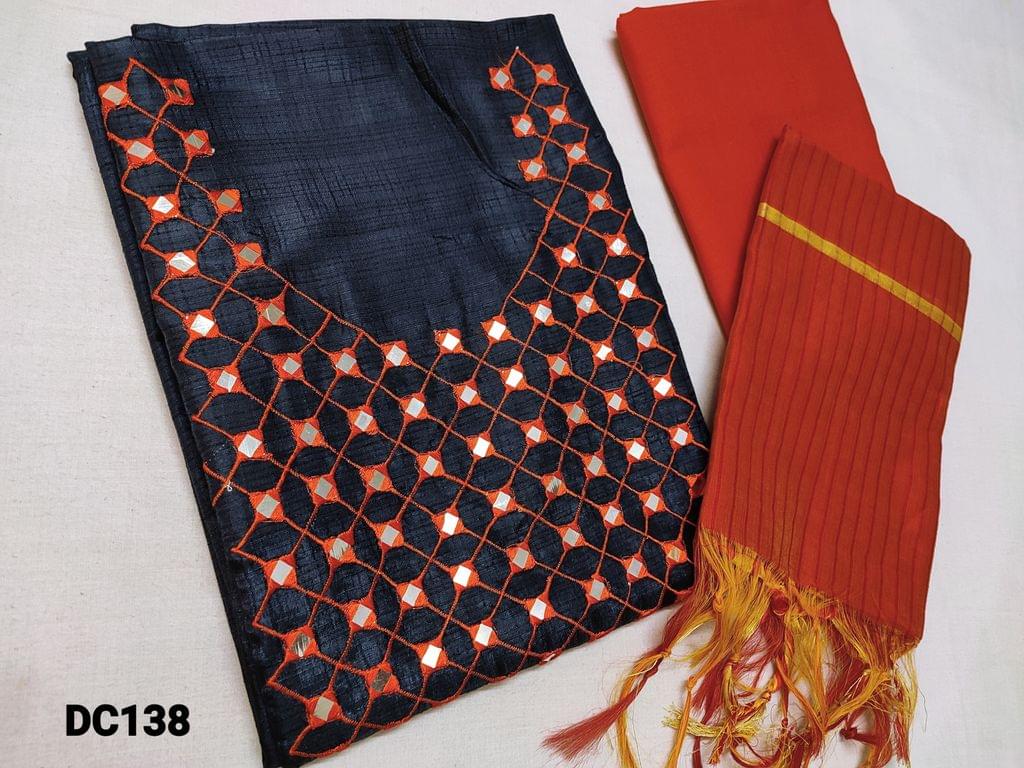 CODE DC138 : Dark Navy Blue Silk cotton unstitched Salwar material(thin fabric requires lining) with Thread embroidery and Hard faux mirror work on yoke, Orange cotton, Silk cotton dupatta with tassels(Requires taping)