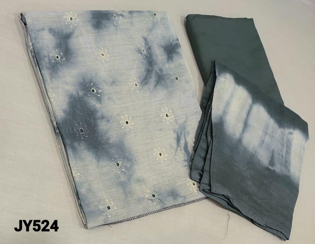 CODE JY524: Shibori Dyed Grey Soft Silk Cotton unstitched salwar material(lining required) with embroidery and cut work on frontside, grey santoon bottom, Shibori dyed silk cotton dupatta.