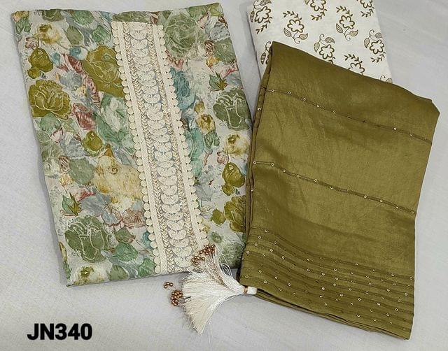 CODE JN340: Premium Digital Floral printed Green Modal fabric unstitched salwar material (flowy fabric, lining optional) with sequence and lace work on yoke, printed slub cotton bottom,, thread and sequence work on silk cotton dupatta