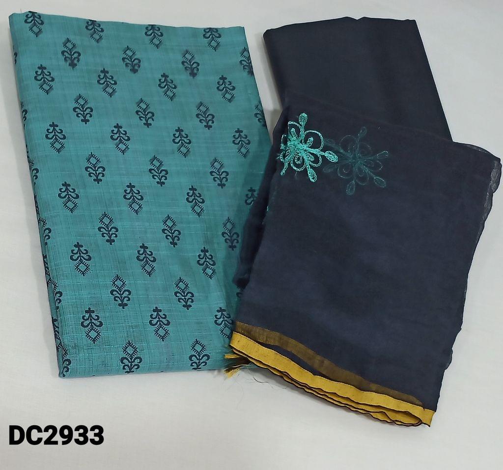 CODE DC2933 : Printed Blue Slub Silk Cotton unstitched Salwar material(lining optional), navy blue cotton bottom, embroidery work on silk cotton dupatta with tassels