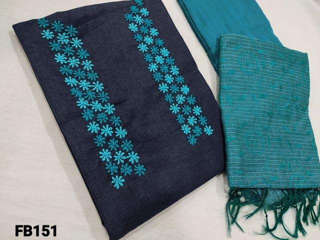 CODE FB151 : Navy Blue Fancy Silk Cotton unstitched Salwar material(Slightly Course fabric, requires lining) with embroidery work on yoke, Light Blue Silk Cotton Bottom, Fancy Kota Silk Cotton Dupatta with all ovr embroidery(Requires Taping)
