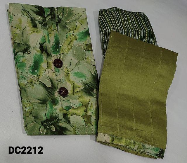 CODE DC2212 : Premium floral Printed Green Viscous Silk Unstitched salwar material(lining optional) with fancy buttons on yoke, printed viscous silk bottom, mossy green soft silk cotton  dupatta with tiny sequence work with tapings.