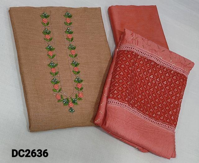 CODE DC2636 : Premium Light chocolate Brown fancy Silk Cotton unstitched salwar material(lining needed) with bullion rose and cut bead work on yoke, peachish pink silk cotton dupatta,  embroidery and sequence work on silk cotton dupatta with tapings.