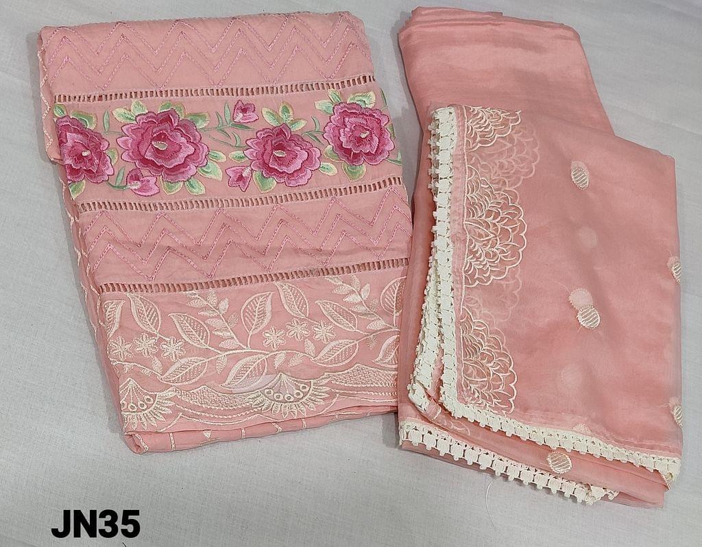 CODE JN35: Designer Pink pure Organza Unstitched salwar material (thin fabric requires lining) with embroidery work on yoke, heavy embroidery work on daman, matching santoon bottom, embroidery work on organza dupatta with lace tapings.