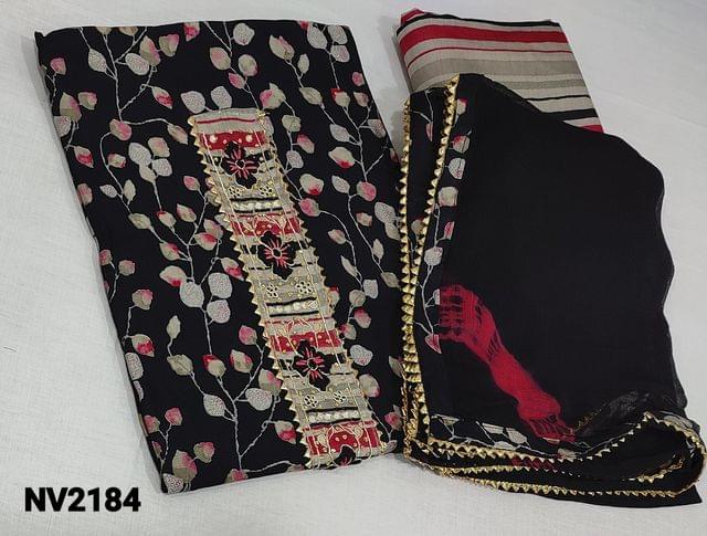 CODE NV2184 : Designer Black  digital printed viscous silk unstitched dress material(lining optional),striped viscous silk bottom, shibori  dyed chiffon dupatta with tapings