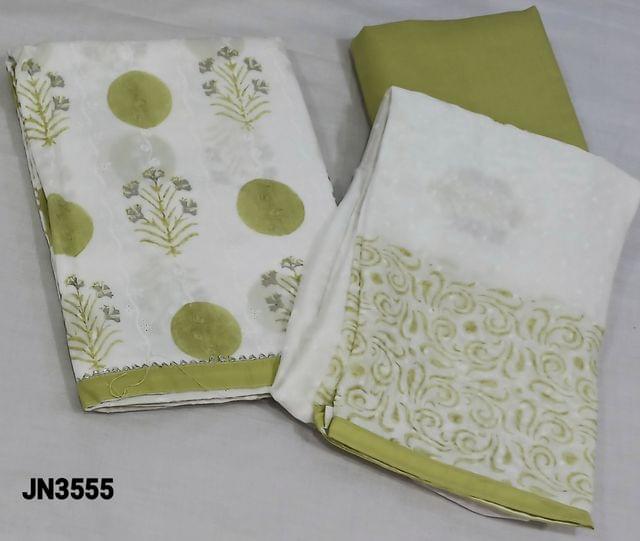 CODE JE3555: White and light green Block Printed jakard Cotton Unstitched Salwar material(requires lining ) with embroidery work, silver gota lace tapings in daman, light green cotton bottom, printed and thread work on chiffon dupatta with tapings.