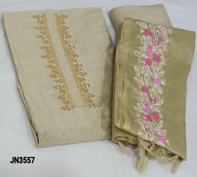CODE JE3557: Beige Silk Cotton Unstitched Salwar material(lining optional) with cut bead, sugar bead, and sequence work on yoke, matching santoon bottom, embroidery work on organza dupatta with tassels.