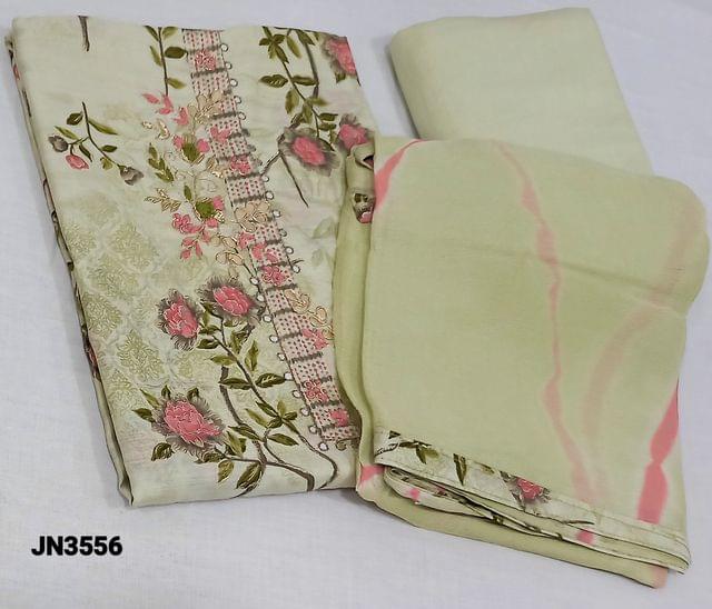 CODE JN3558:  Floral printed pale Green masleen Silk Unstitched Salwar material(lining needed) with zardozi, colorful thread, gota patch work on yoke, matching drum dyed thin cotton bottom, shibori dyed chiffon dupatta with tapings.