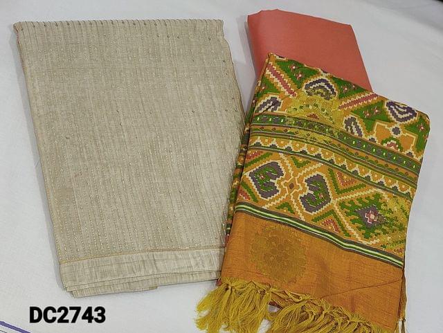 CODE DC2743: Designer Light Beige Silk Cotton unstitched Salwar material(requires lining) with thread and sequence work on frontside, pink silk cotton bottom, Premium Dual shaded patola printed and benarasi woven silk cotton dupatta
